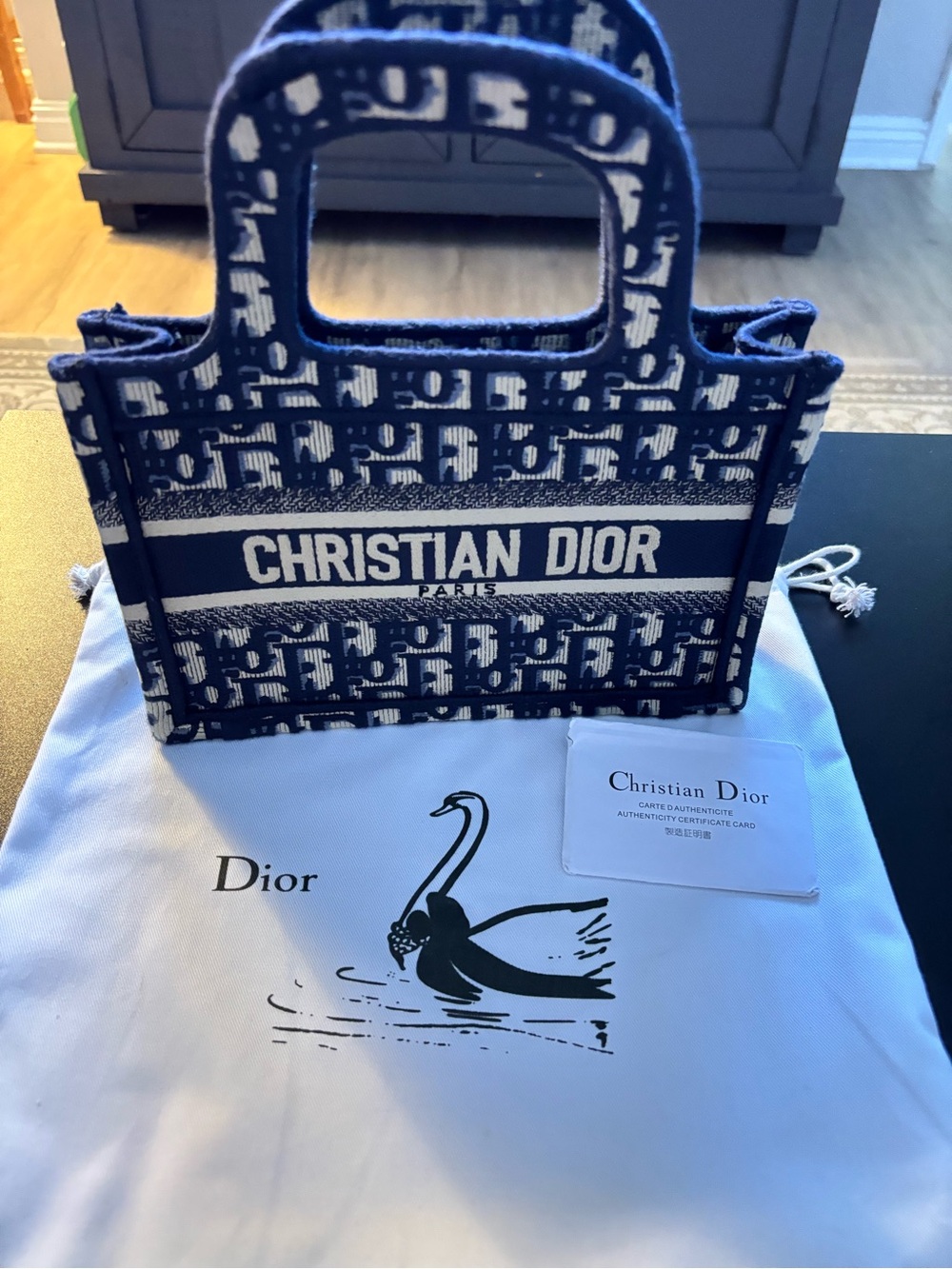 Dior Navy and White Book Tote with Christian Dior Logo
